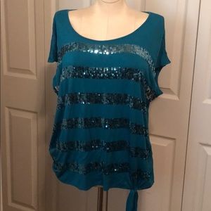 INC Teal T-shirt with sequin striped sparkle